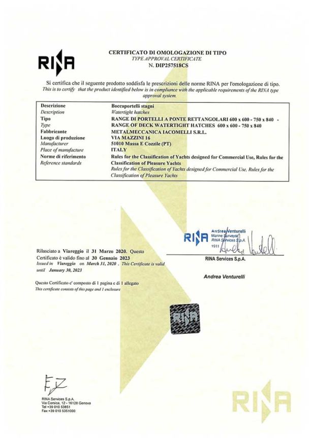 Certifications RINA for shipbuilding